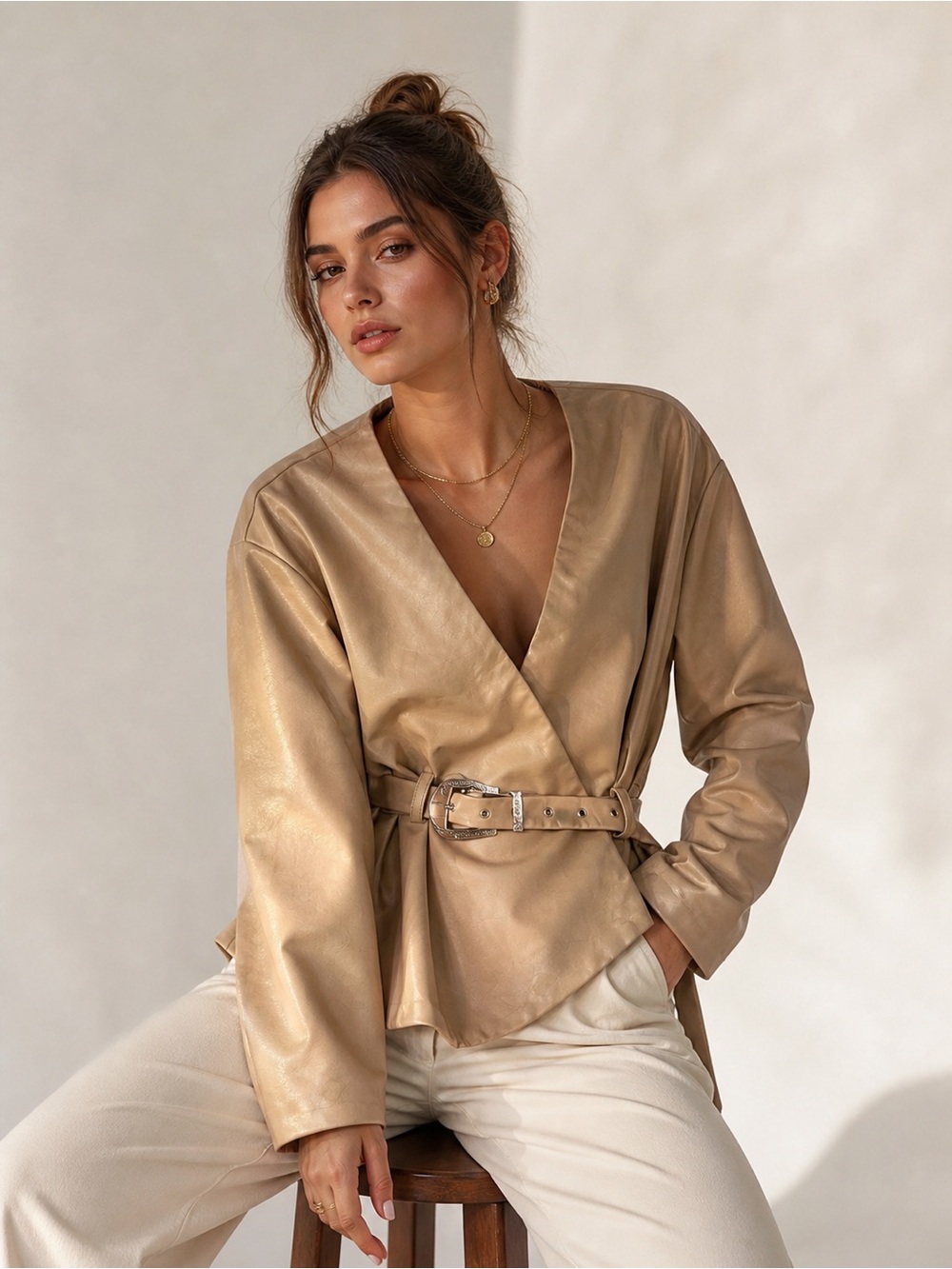 NWT Song of Style Tan Faux-Leather Wrap Blazer Silver Belt S